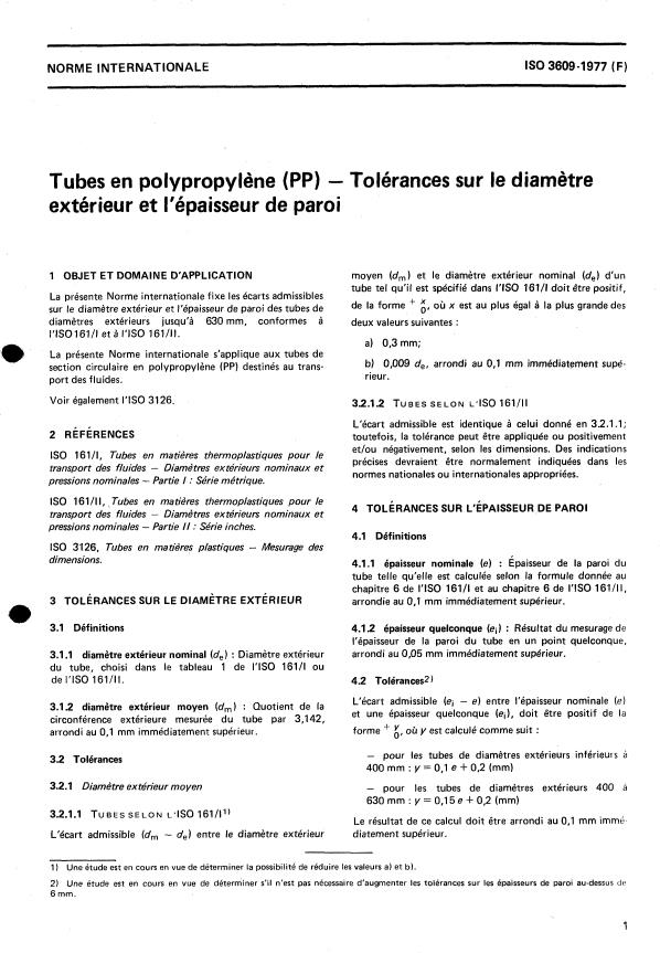ISO 3609:1977 - Tubes en polypropylene (PP) -- Tolérances sur le diametre extérieur et l'épaisseur de paroi