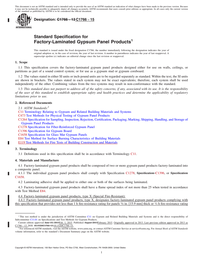 REDLINE ASTM C1766-15 - Standard Specification for Factory-Laminated Gypsum Panel Products