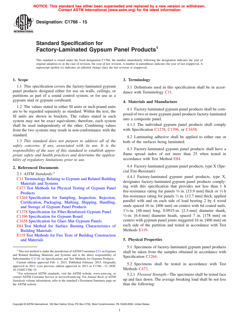 ASTM C1766-15 - Standard Specification for Factory-Laminated Gypsum Panel Products