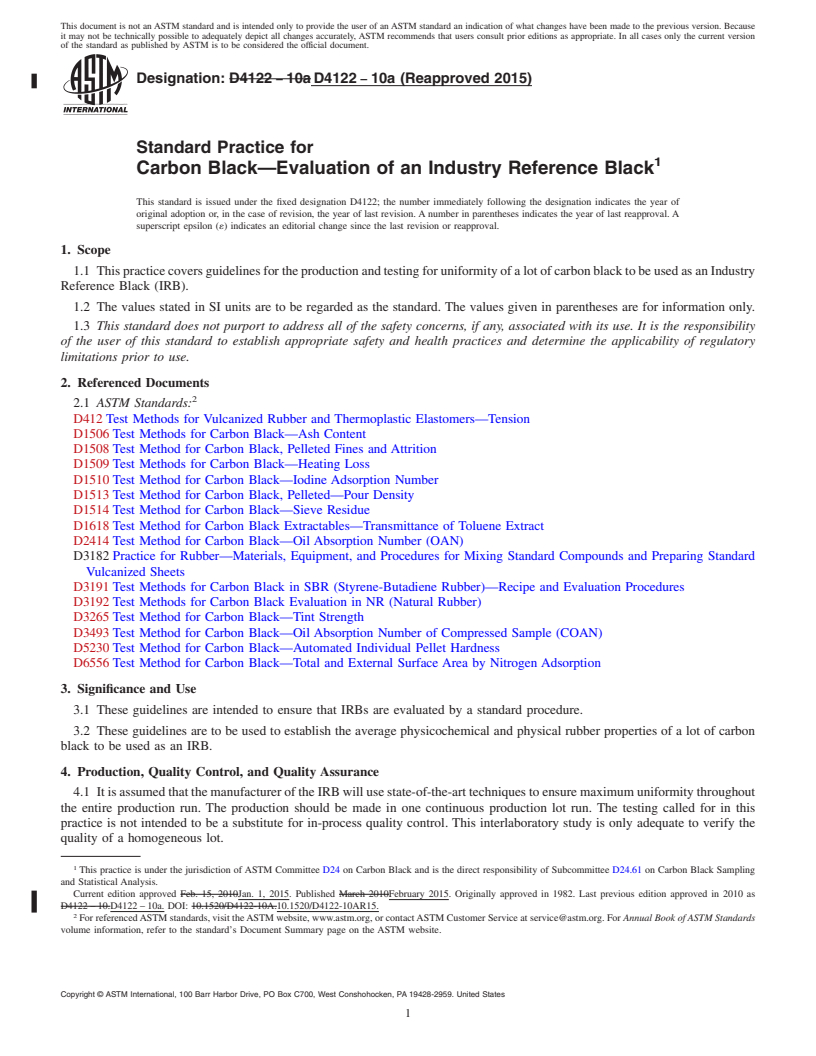 REDLINE ASTM D4122-10a(2015) - Standard Practice for  Carbon Black&mdash;Evaluation of an Industry Reference Black