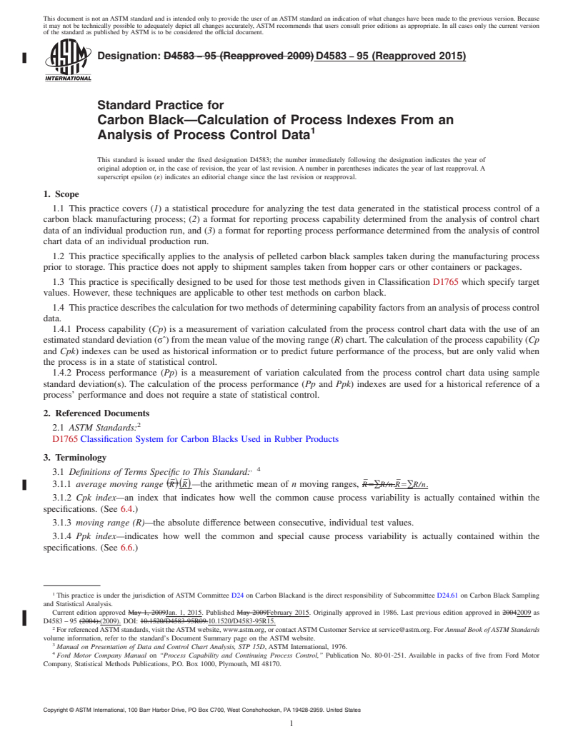 REDLINE ASTM D4583-95(2015) - Standard Practice for  Carbon Black&mdash;Calculation of Process Indexes From an Analysis  of Process Control Data