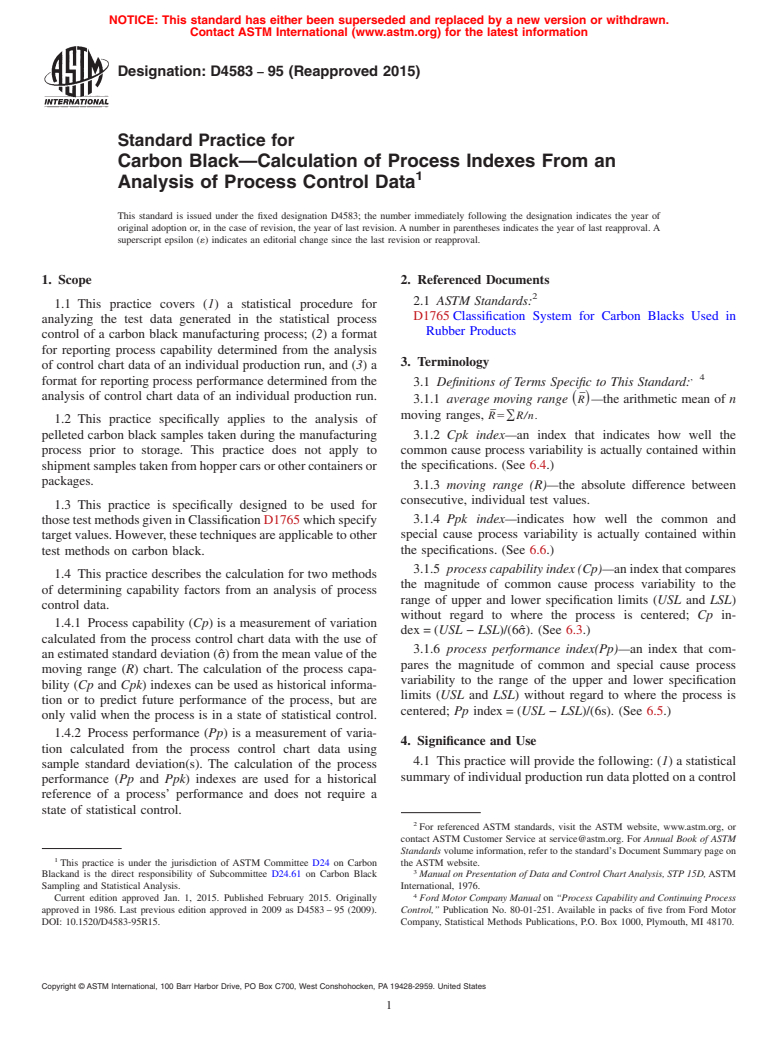 ASTM D4583-95(2015) - Standard Practice for  Carbon Black&mdash;Calculation of Process Indexes From an Analysis  of Process Control Data