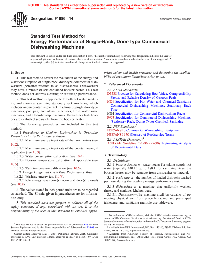 ASTM F1696-14 - Standard Test Method for  Energy Performance of Single-Rack, Door-Type Commercial Dishwashing  Machines