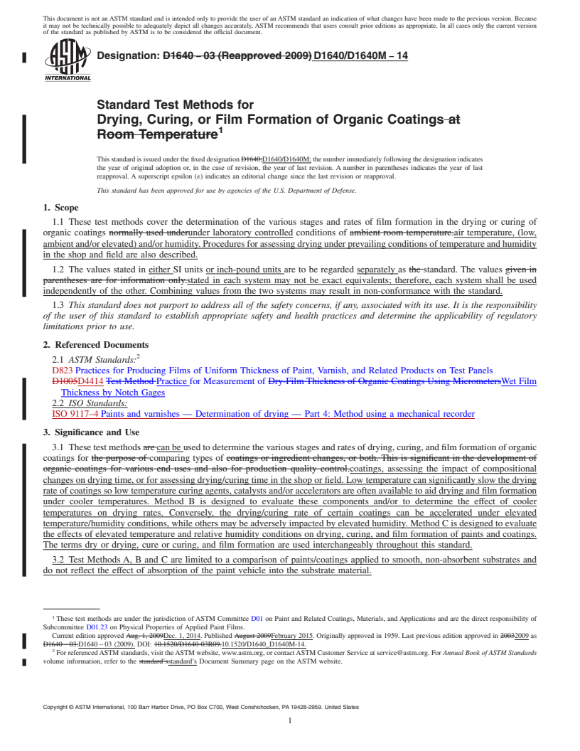 REDLINE ASTM D1640/D1640M-14 - Standard Test Methods for Drying, Curing, or Film Formation of Organic Coatings