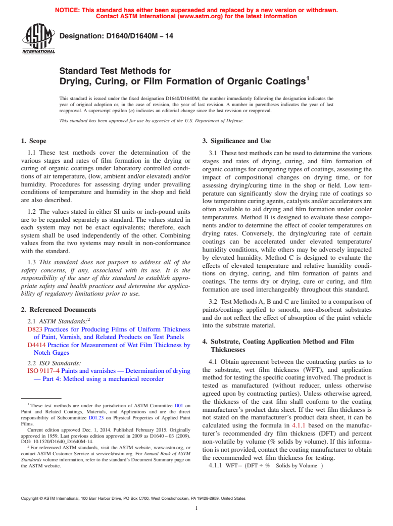 ASTM D1640/D1640M-14 - Standard Test Methods for Drying, Curing, or Film Formation of Organic Coatings