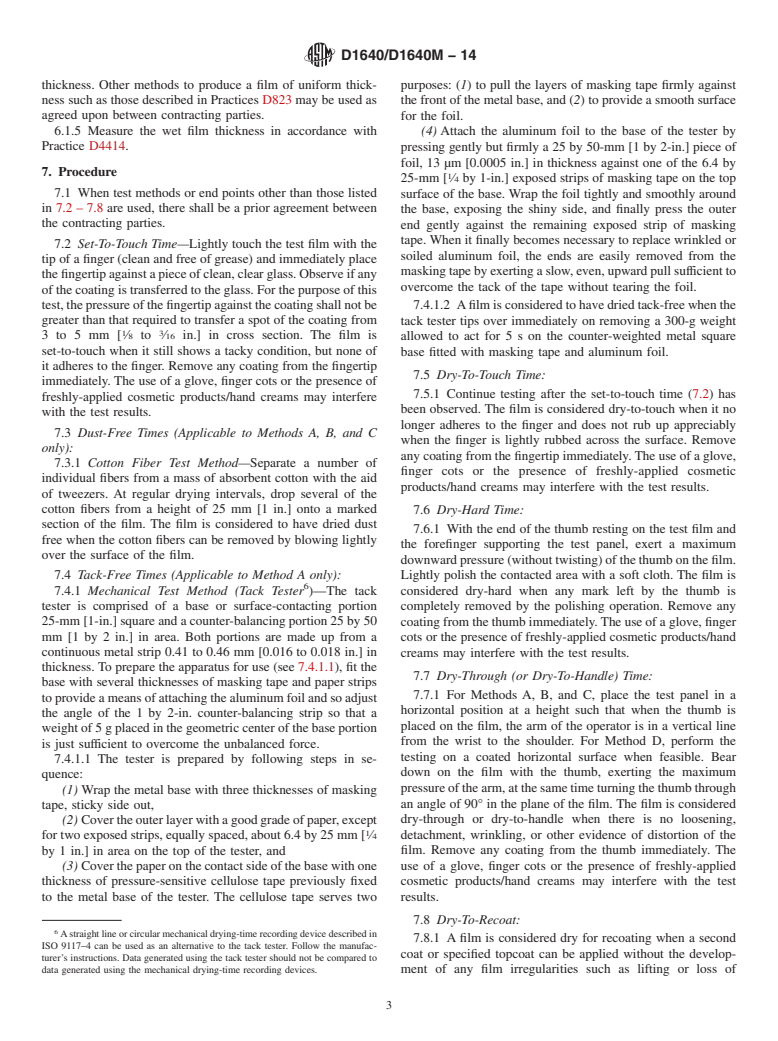 ASTM D1640/D1640M-14 - Standard Test Methods for Drying, Curing, or Film Formation of Organic Coatings