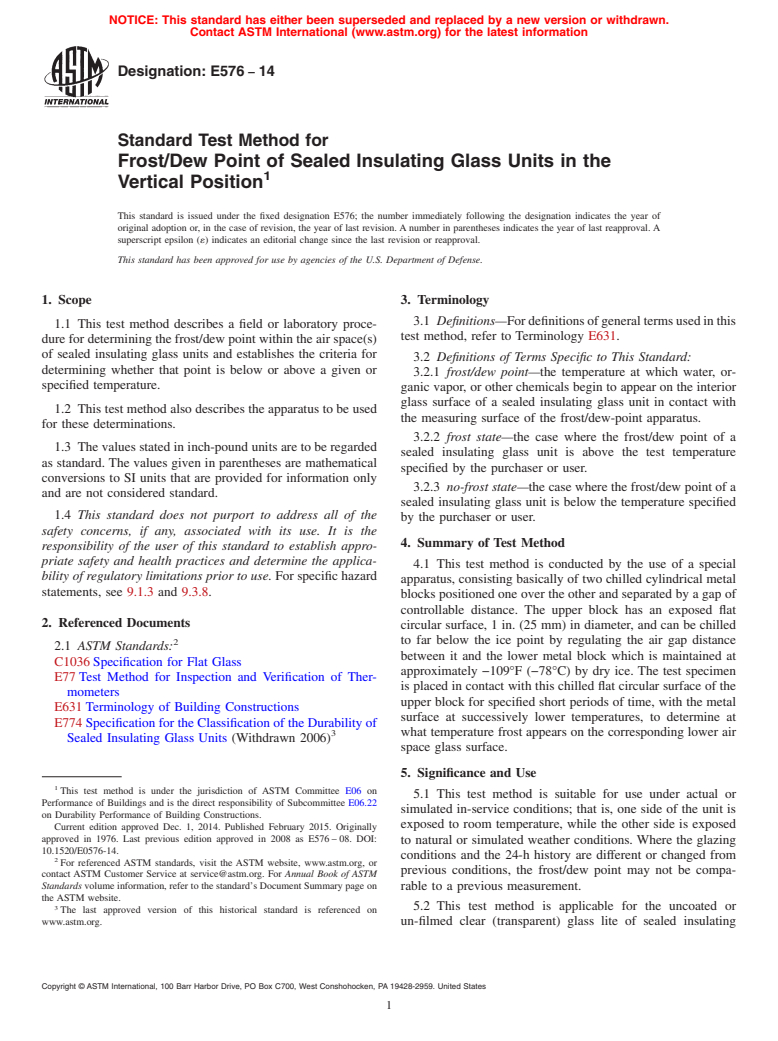 ASTM E576-14 - Standard Test Method for Frost/Dew Point of Sealed Insulating Glass Units in the Vertical  Position