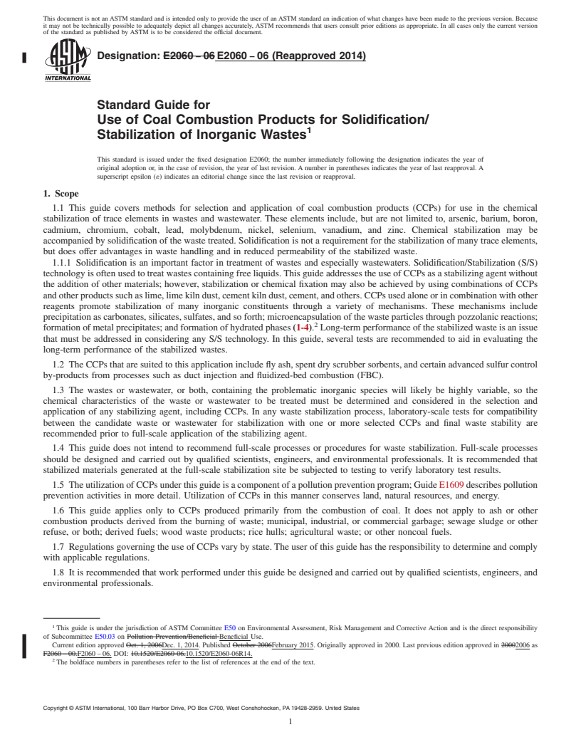 REDLINE ASTM E2060-06(2014) - Standard Guide for  Use of Coal Combustion Products for Solidification/Stabilization  of Inorganic Wastes