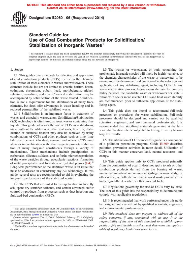 ASTM E2060-06(2014) - Standard Guide for  Use of Coal Combustion Products for Solidification/Stabilization  of Inorganic Wastes