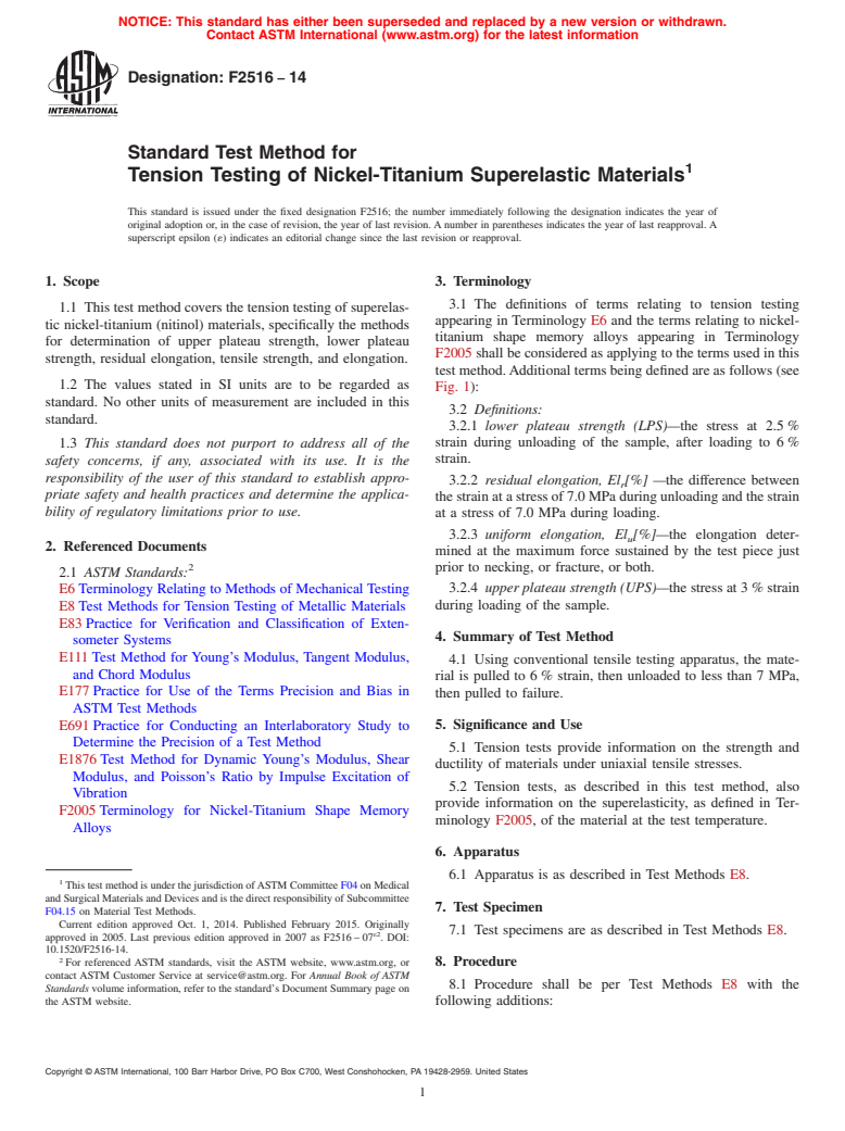 ASTM F2516-14 - Standard Test Method for  Tension Testing of Nickel-Titanium Superelastic Materials
