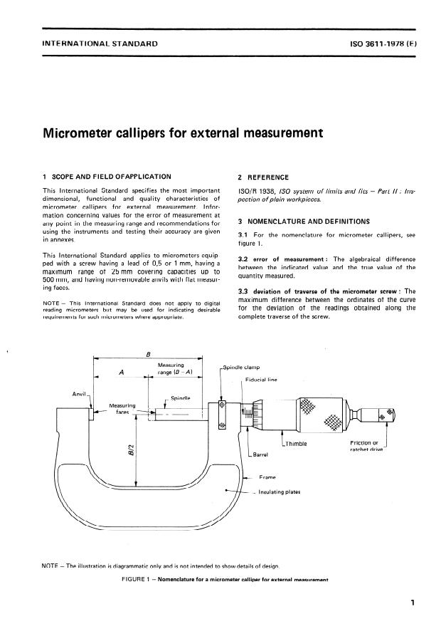 ISO 3611:1978 - Micrometer callipers for external measurement