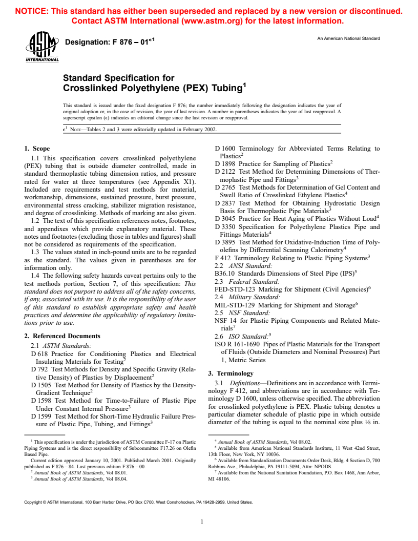 ASTM F876-01e1 - Standard Specification for Crosslinked Polyethylene (PEX) Tubing