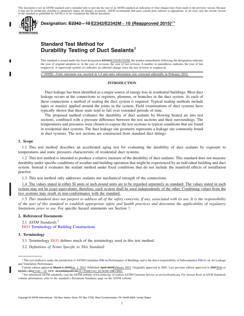 REDLINE ASTM E2342/E2342M-10(2015)e1 - Standard Test Method for Durability Testing of Duct Sealants