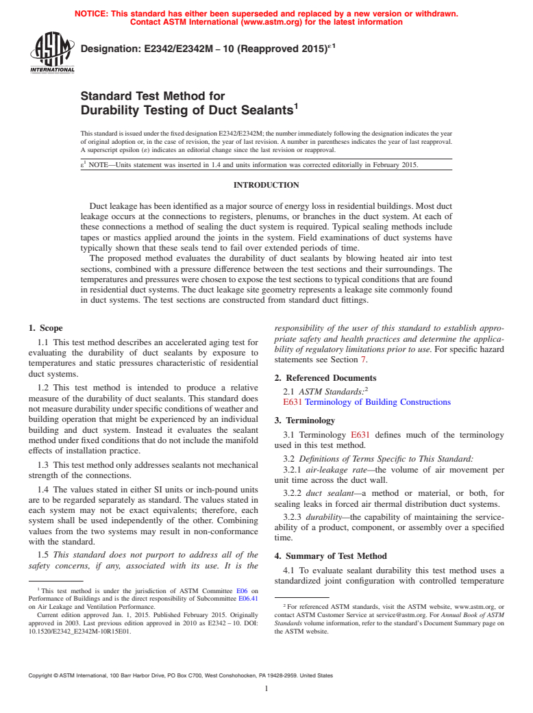 ASTM E2342/E2342M-10(2015)e1 - Standard Test Method for Durability Testing of Duct Sealants