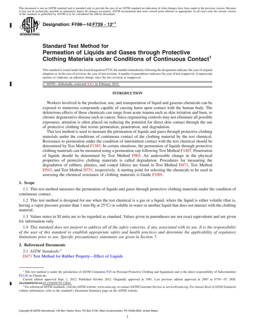 REDLINE ASTM F739-12e1 - Standard Test Method for  Permeation of Liquids and Gases through Protective Clothing  Materials under Conditions of Continuous Contact