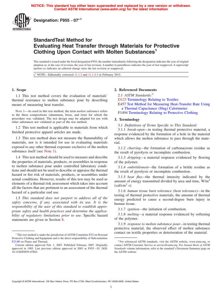 ASTM F955-07e1 - Standard Test Method for  Evaluating Heat Transfer through Materials for Protective Clothing  Upon Contact with Molten Substances