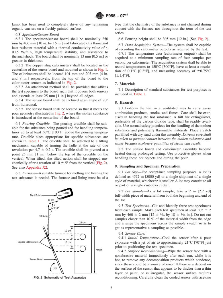 ASTM F955-07e1 - Standard Test Method for  Evaluating Heat Transfer through Materials for Protective Clothing  Upon Contact with Molten Substances