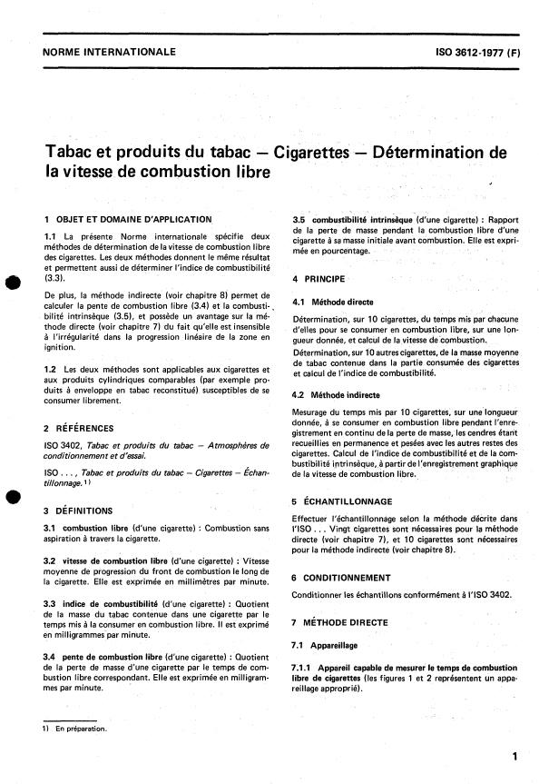 ISO 3612:1977 - Tabac et produits du tabac -- Cigarettes -- Détermination de la vitesse de combustion libre