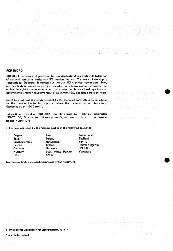 ISO 3612:1977 ISO 3612:1977 - Tobacco and tobacco products -- Cigarettes -- Determination of rate of free combustion - Page 2 preview
