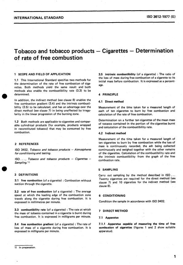 ISO 3612:1977 - Tobacco and tobacco products -- Cigarettes -- Determination of rate of free combustion