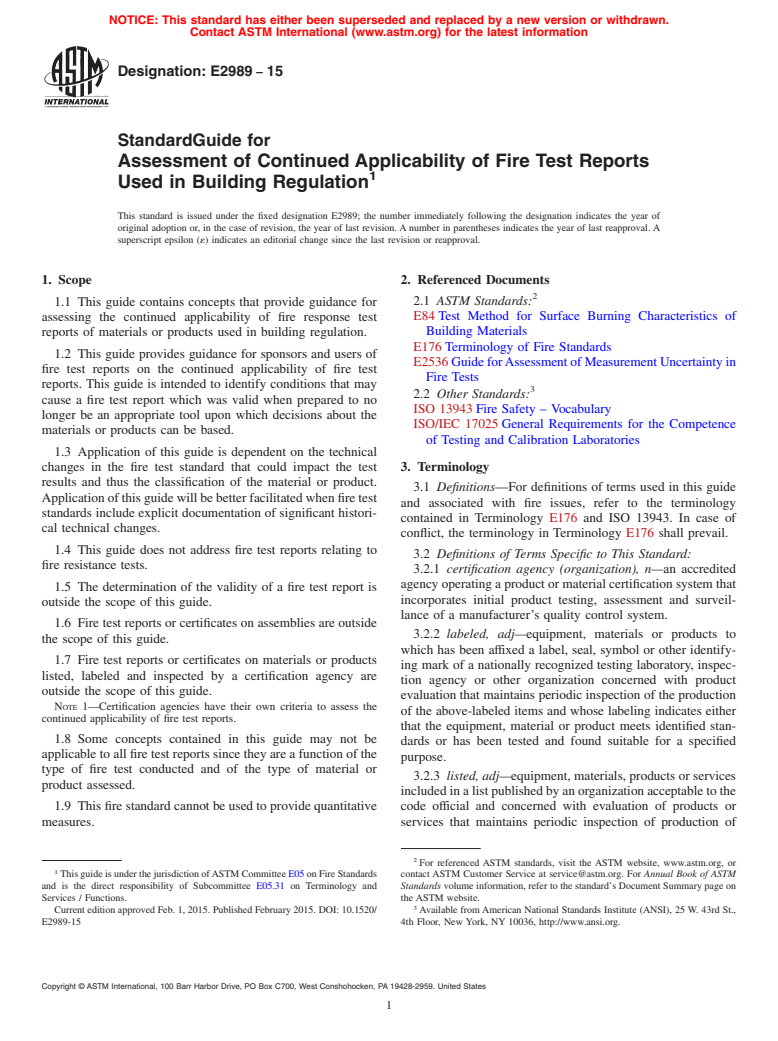 ASTM E2989-15 - Standard Guide for Assessment of Continued Applicability of Fire Test Reports  Used in Building Regulation