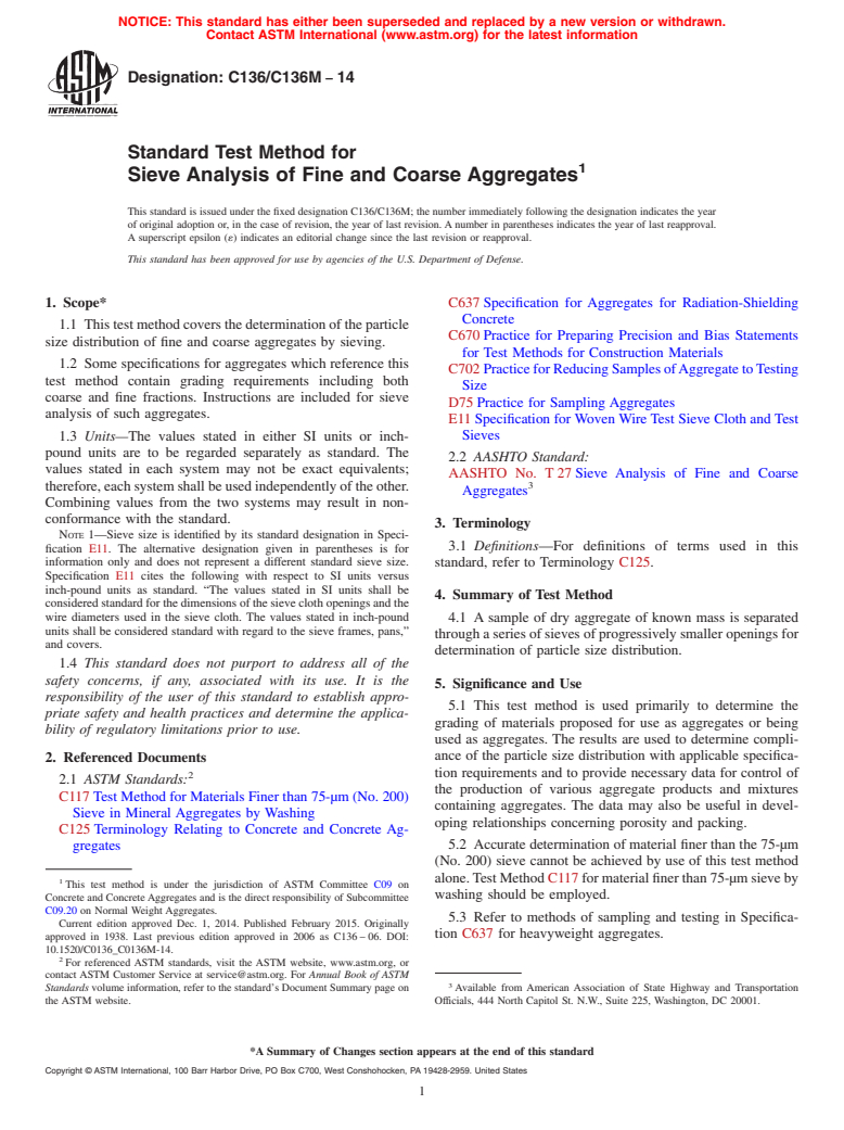 ASTM C136/C136M-14 - Standard Test Method for  Sieve Analysis of Fine and Coarse Aggregates