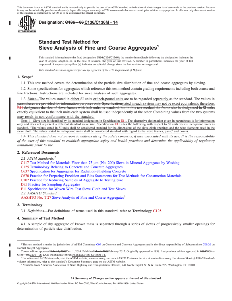 REDLINE ASTM C136/C136M-14 - Standard Test Method for  Sieve Analysis of Fine and Coarse Aggregates