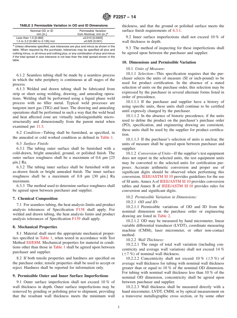 ASTM F2257-14 - Standard Specification for  Wrought Seamless or Welded and Drawn 18 Chromium-14Nickel-2.5Molybdenum  Stainless Steel Small Diameter Tubing for Surgical Implants (UNS S31673)