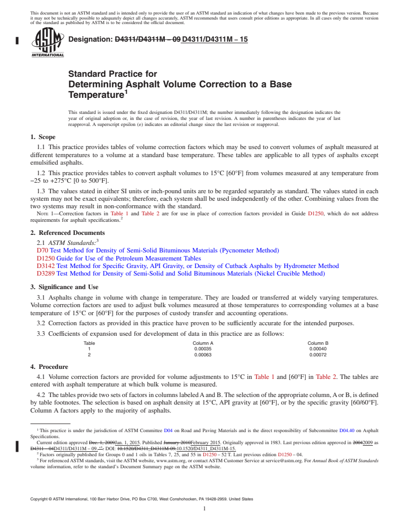 REDLINE ASTM D4311/D4311M-15 - Standard Practice for  Determining Asphalt Volume Correction to a Base Temperature