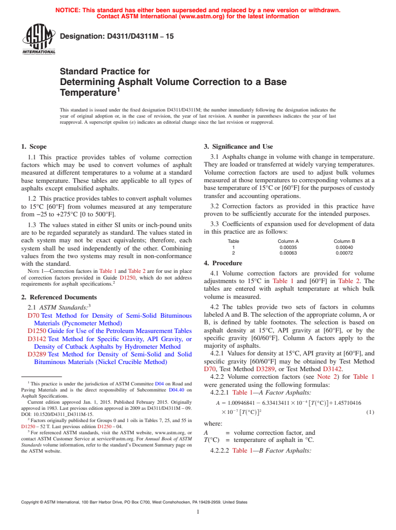 ASTM D4311/D4311M-15 - Standard Practice for  Determining Asphalt Volume Correction to a Base Temperature