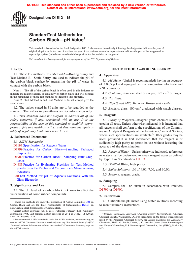 ASTM D1512-15 - Standard Test Methods for  Carbon Black&mdash;pH Value