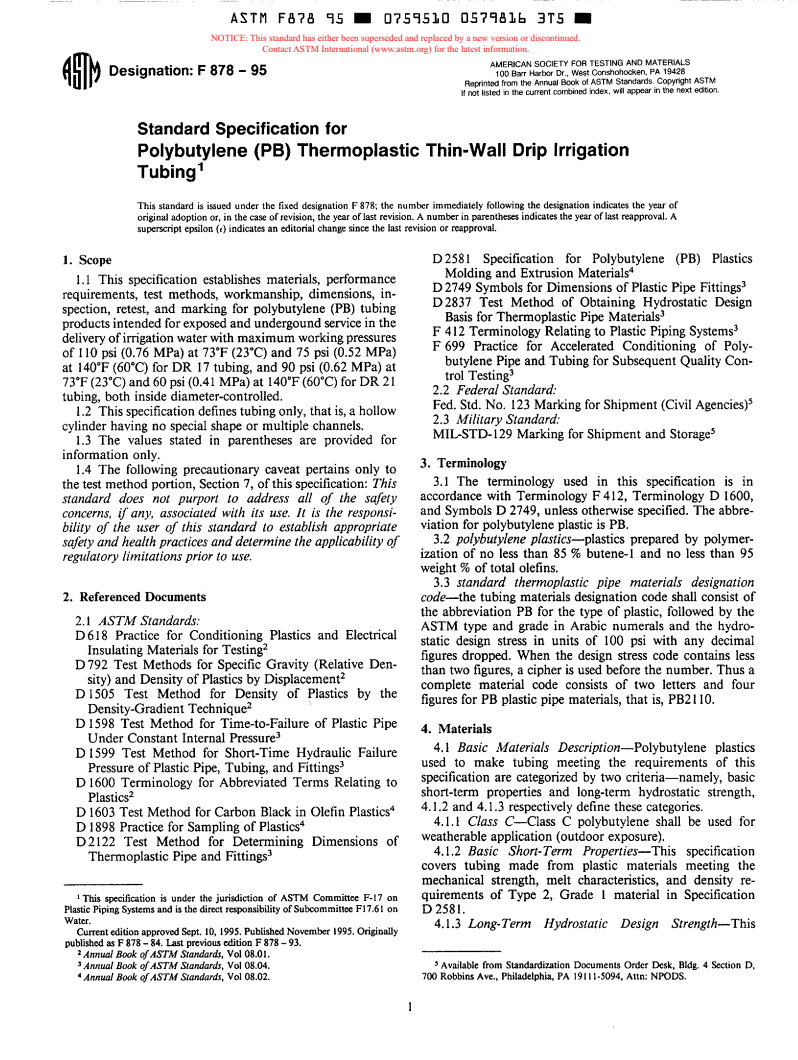 ASTM F878-95 - Specification for Polybutylene (PB) Thermoplastic Thin-Wall Drip Irrigation Tubing (Withdrawn 2000)