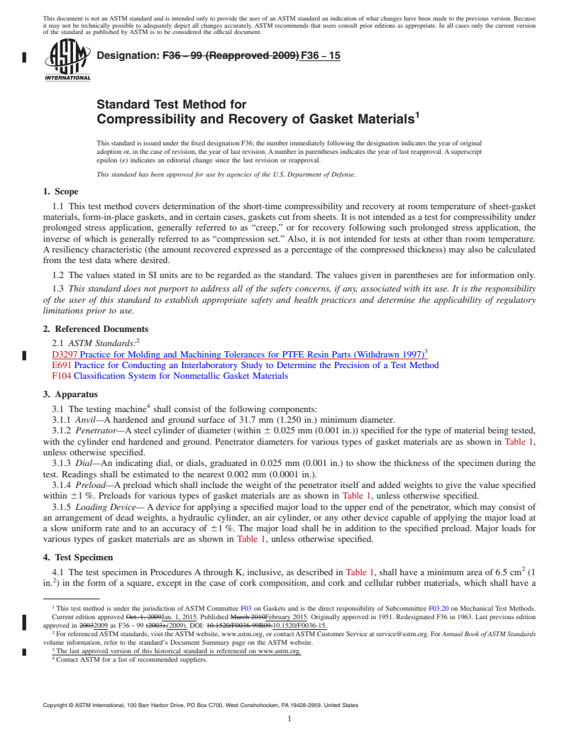 REDLINE ASTM F36-15 - Standard Test Method for Compressibility and Recovery of Gasket Materials