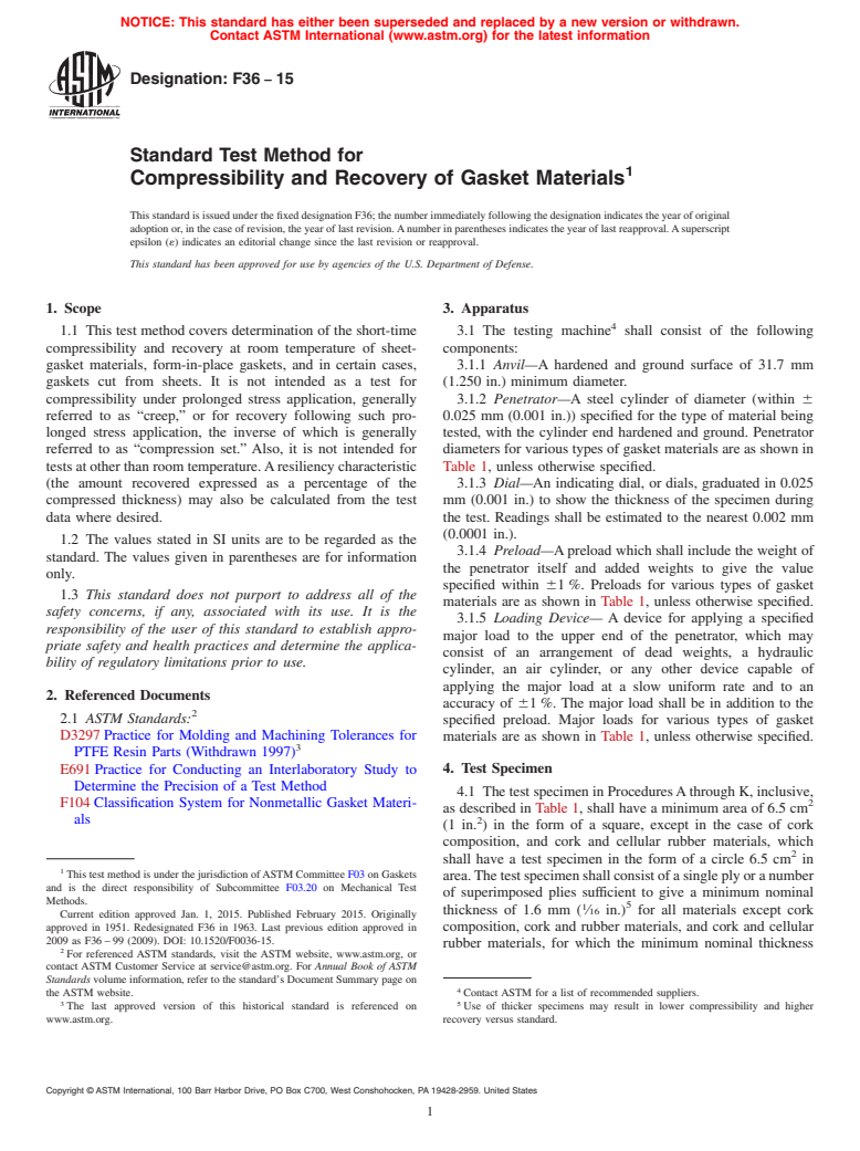 ASTM F36-15 - Standard Test Method for Compressibility and Recovery of Gasket Materials