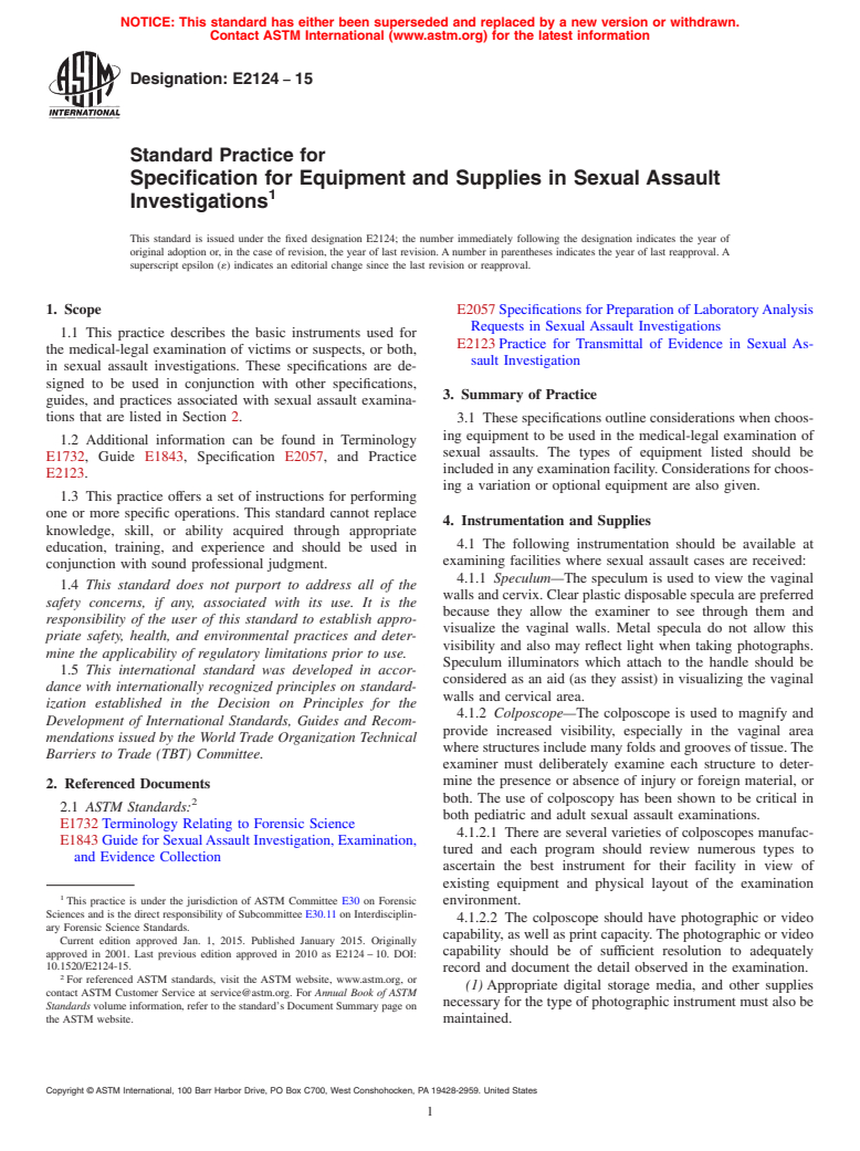 ASTM E2124-15 - Standard Practice for  Specification for Equipment and Supplies in Sexual Assault  Investigations