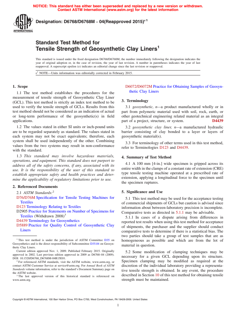 ASTM D6768/D6768M-04(2015)e1 - Standard Test Method for Tensile Strength of Geosynthetic Clay Liners