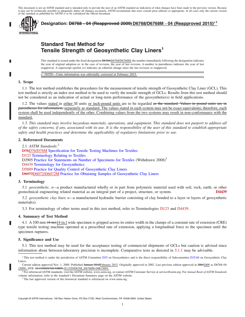 REDLINE ASTM D6768/D6768M-04(2015)e1 - Standard Test Method for Tensile Strength of Geosynthetic Clay Liners