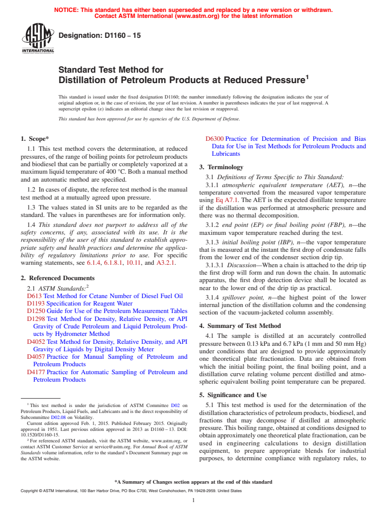 ASTM D1160-15 - Standard Test Method for Distillation of Petroleum Products at Reduced Pressure
