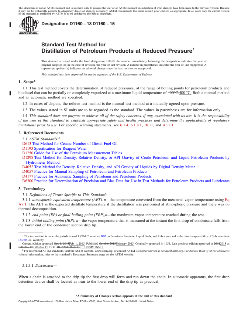 REDLINE ASTM D1160-15 - Standard Test Method for Distillation of Petroleum Products at Reduced Pressure