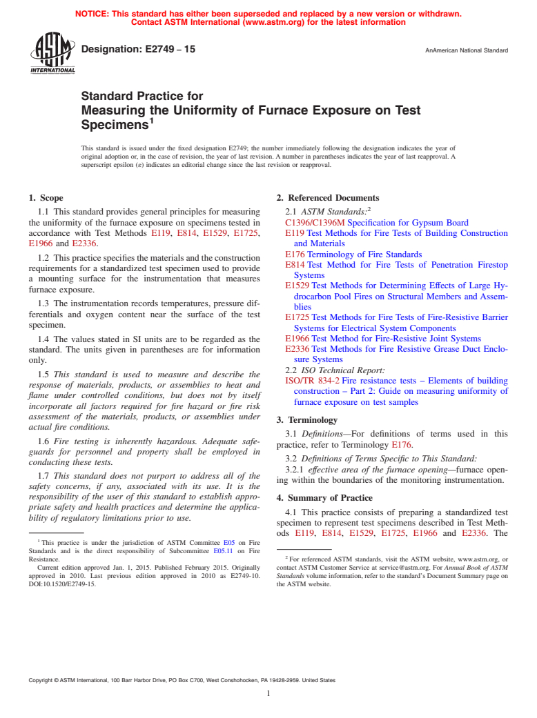 ASTM E2749-15 - Standard Practice for  Measuring the Uniformity of Furnace Exposure on Test Specimens
