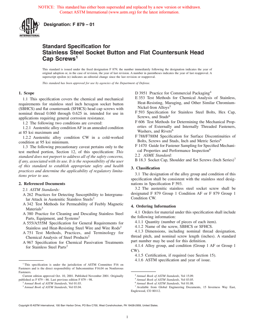 ASTM F879M-01 - Standard Specification for Stainless Steel Socket Button and Flat Countersunk Head Cap Screws [Metric]