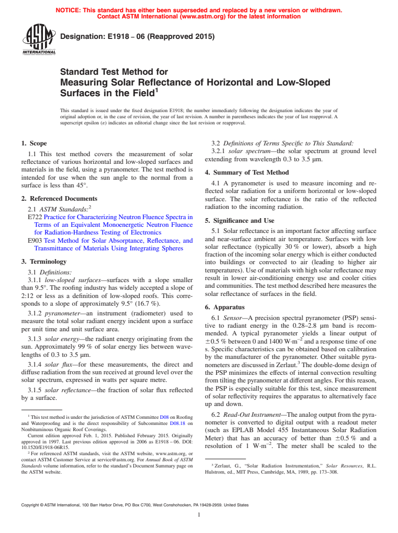 ASTM E1918-06(2015) - Standard Test Method for  Measuring Solar Reflectance of Horizontal and Low-Sloped Surfaces  in the Field