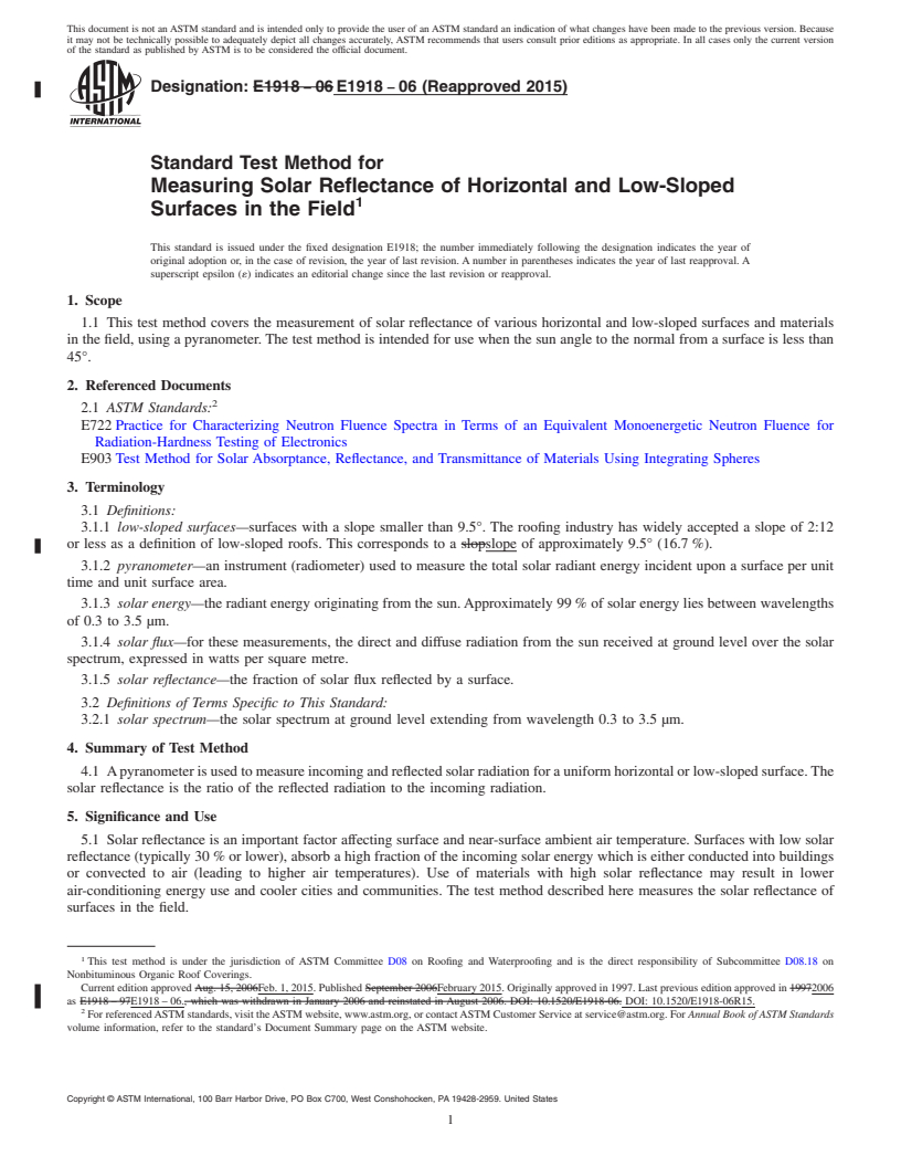 REDLINE ASTM E1918-06(2015) - Standard Test Method for  Measuring Solar Reflectance of Horizontal and Low-Sloped Surfaces  in the Field