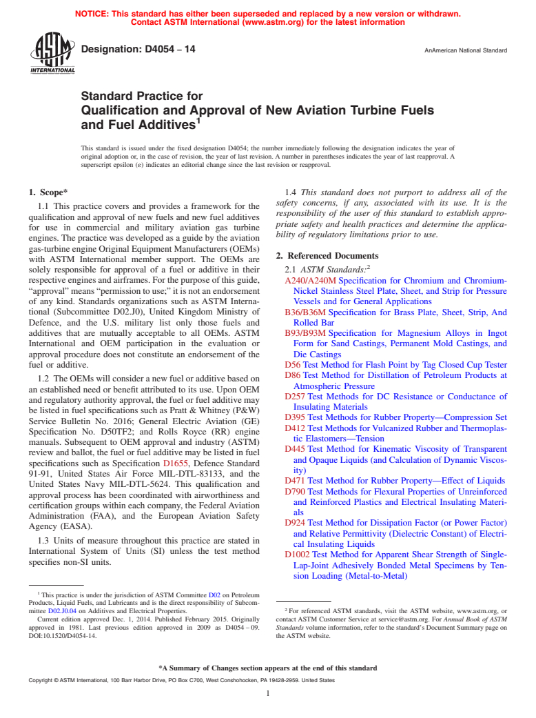 ASTM D4054-14 - Standard Practice for  Qualification and Approval of New Aviation Turbine Fuels and   Fuel Additives