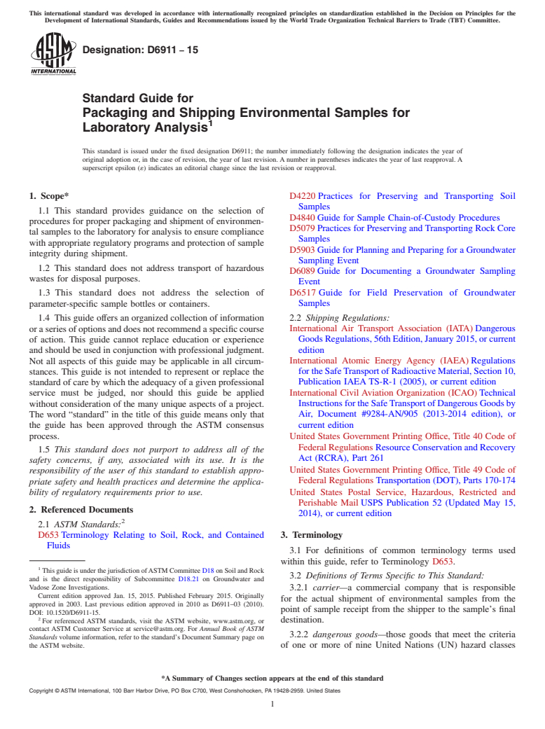 ASTM D6911-15 - Standard Guide for Packaging and Shipping Environmental Samples for Laboratory   Analysis