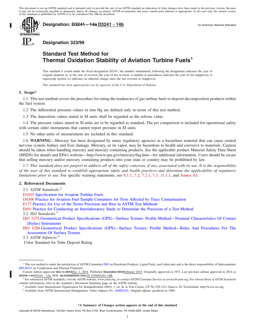 REDLINE ASTM D3241-14b - Standard Test Method for Thermal Oxidation Stability of Aviation Turbine Fuels