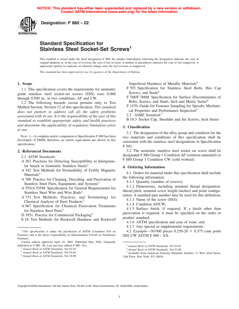 ASTM F880-02 - Standard Specification for Stainless Steel Socket-Set Screws