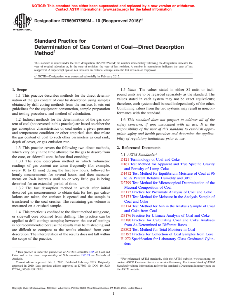 ASTM D7569/D7569M-10(2015)e1 - Standard Practice for  Determination of Gas Content of Coal&mdash;Direct Desorption  Method