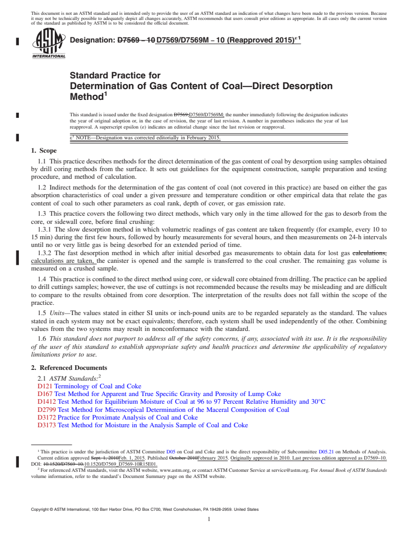 REDLINE ASTM D7569/D7569M-10(2015)e1 - Standard Practice for  Determination of Gas Content of Coal&mdash;Direct Desorption  Method