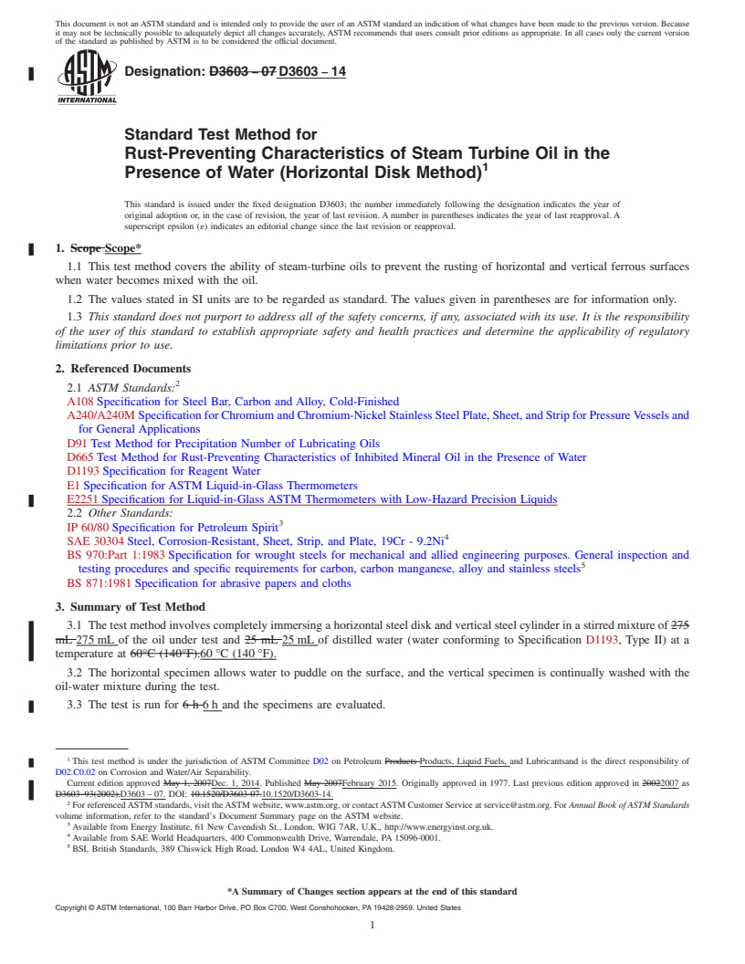 REDLINE ASTM D3603-14 - Standard Test Method for  Rust-Preventing Characteristics of Steam Turbine Oil in the   Presence of Water (Horizontal Disk Method)